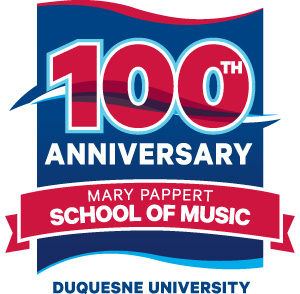 Blue and red graphic with text that reads 100th anniversary Mary Pappert School of Music Duquesne University.