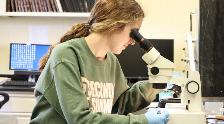 Alayna is looking through a microscope.