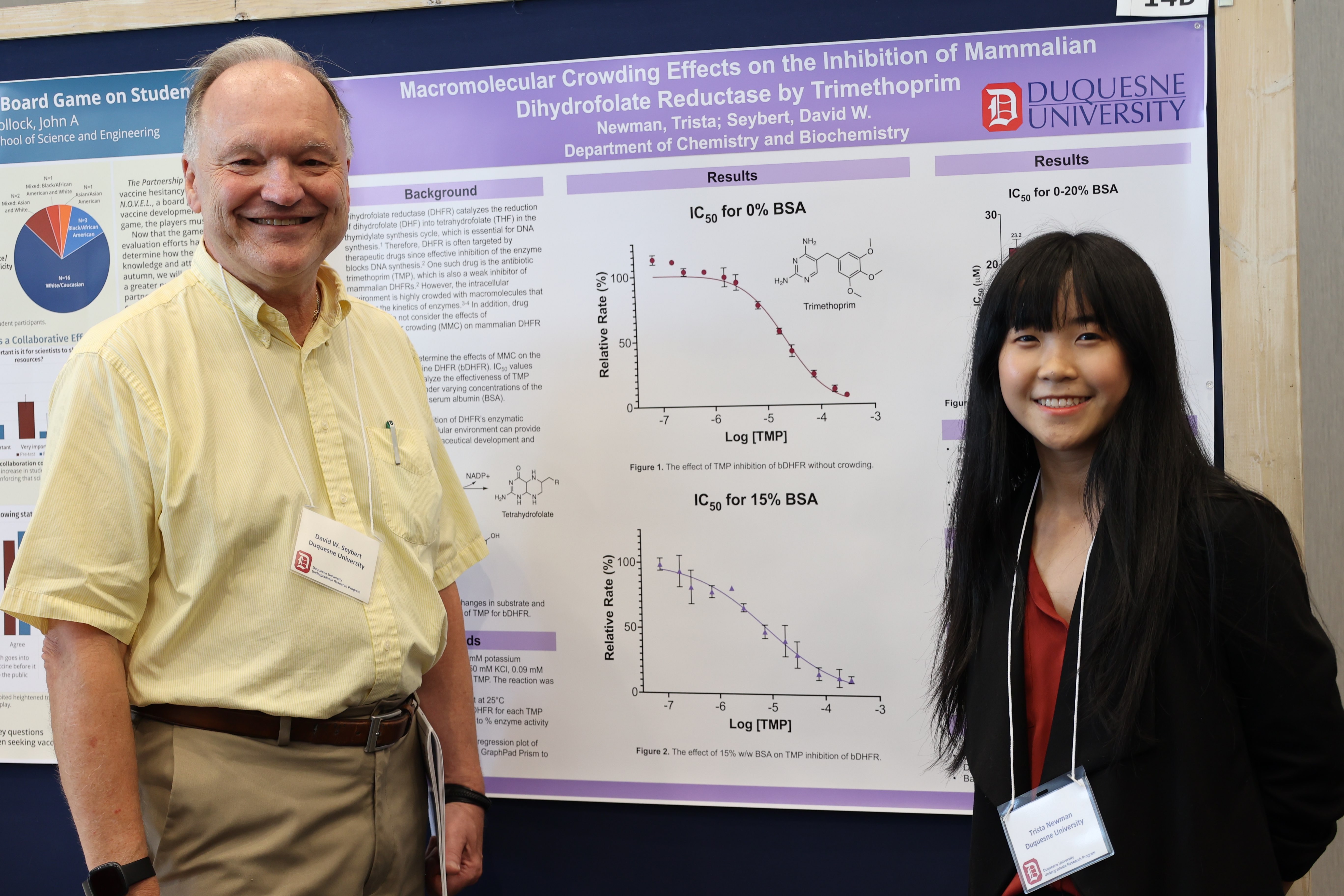 a student a professor standing in front of a poster
