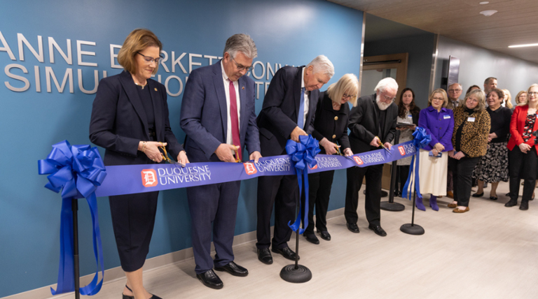 ribbon cutting event for the joanne barkett conway simulation lab