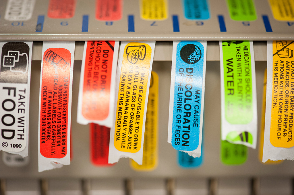Labels in a pharmacy