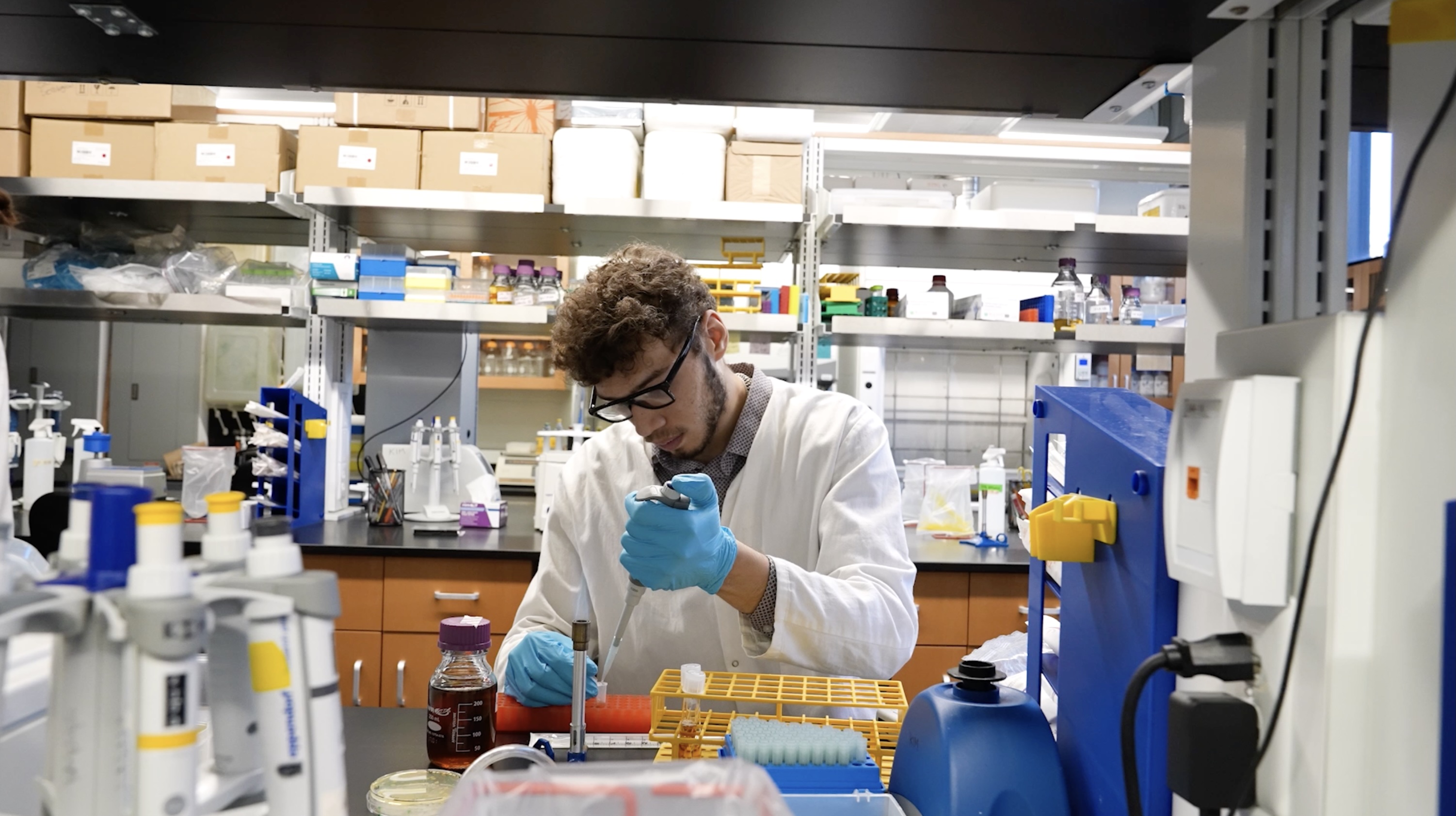 male in a grey shirt sitting in a lab