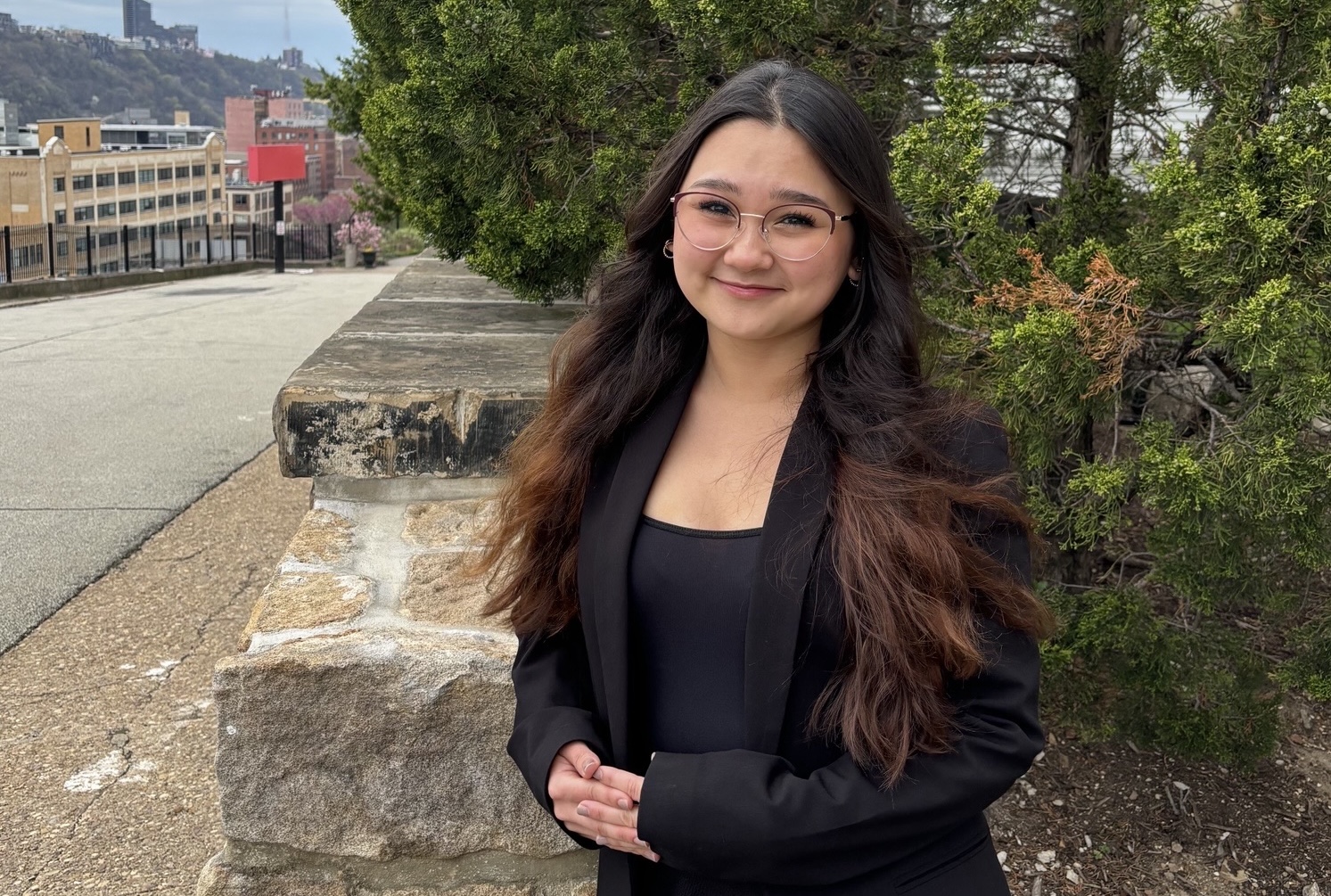 a girl in a black shirt