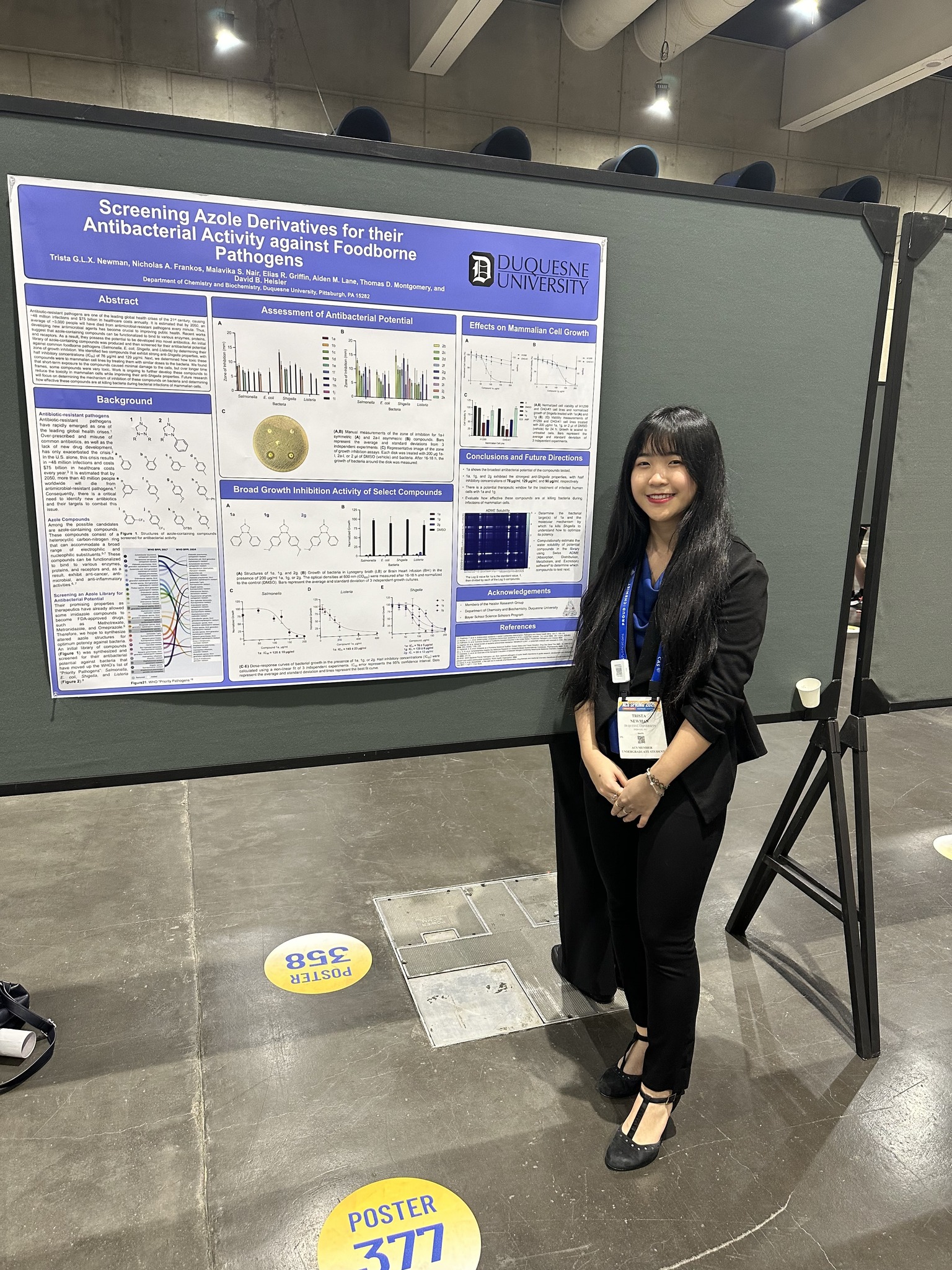 a girl standing in front of a poster
