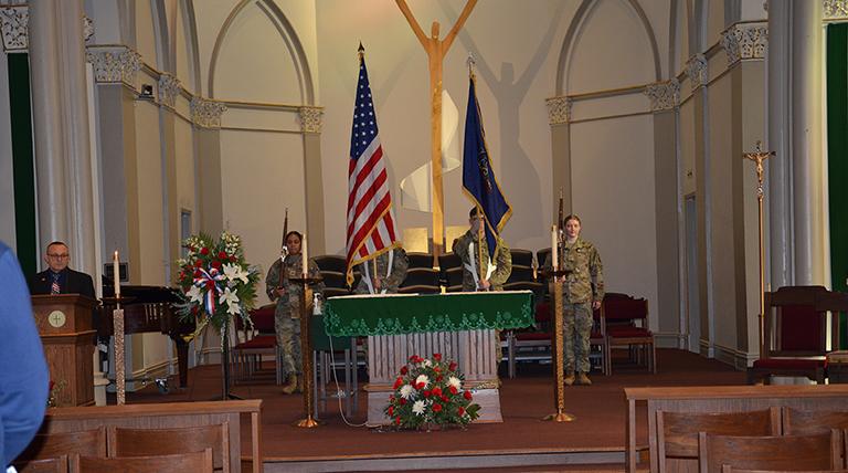 Military cadets presenting the colors in Chapel