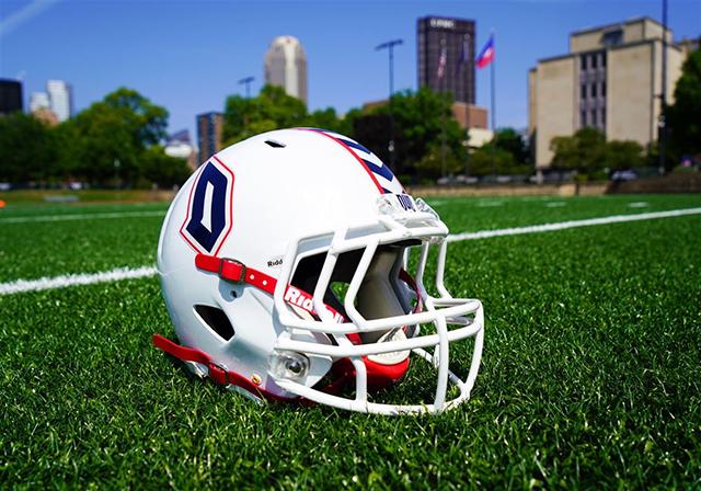 Duquesne football helmet on Rooney Field