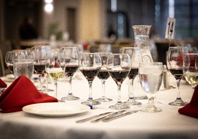 Wine glasses arranged on table for tasting