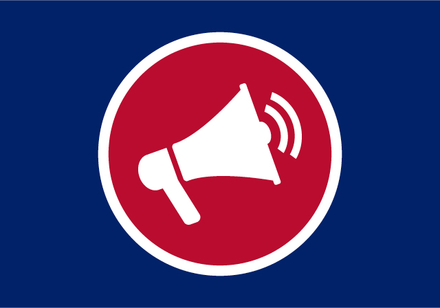 Red and blue graphic of a megaphone