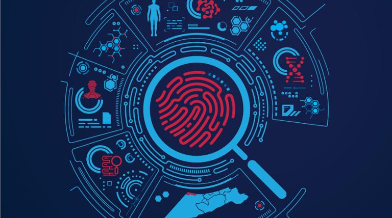 Digital illustration for the webinar Of Perpetrators and Victims: Forensic Lessons from October 7, presented by Duquesne University’s Wecht Institute, showing a magnified red fingerprint surrounded by DNA, molecular, human‑figure, and data icons.