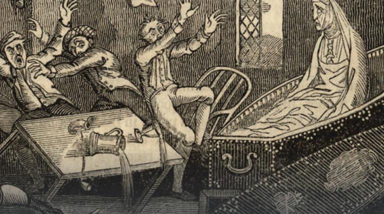 Illustration of three men jumping back from woman in a coffin.