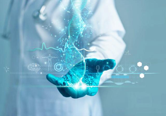 Scientist in lab garb, holding an energy-like vessel in the palm of his or her hand.