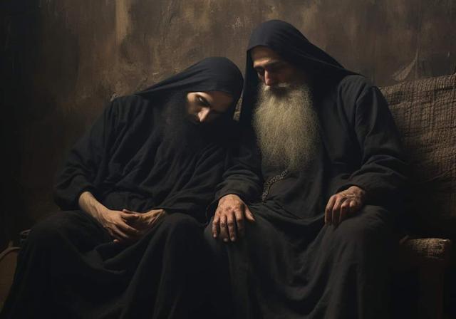 A pair of black-robed men, heads bent towards one another, seated on a bench in prayer. 