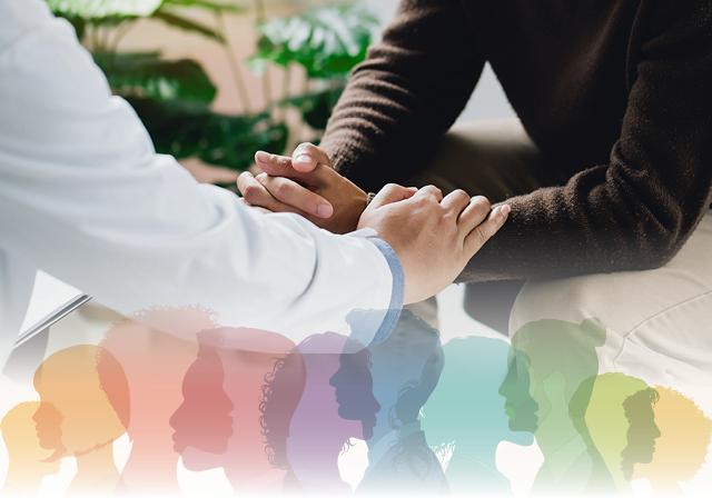 A health care provider reassuring a patient, with colorful silhouettes of people in the background.