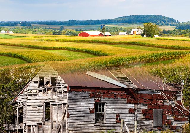Juxtaposing images of bucolic farm and dilapidated farm.
