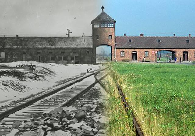 A photo of Auschwitz, fading from black and white to color. 