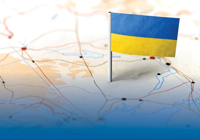 Map of Ukraine with a Ukrainian flag.