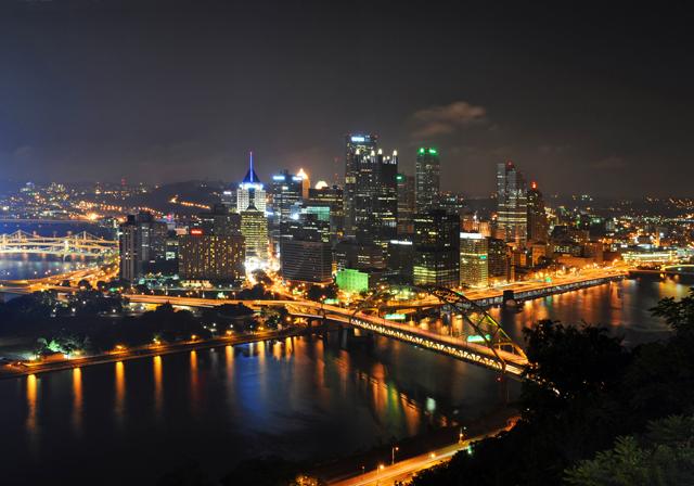 Pittsburgh city skyline at night.