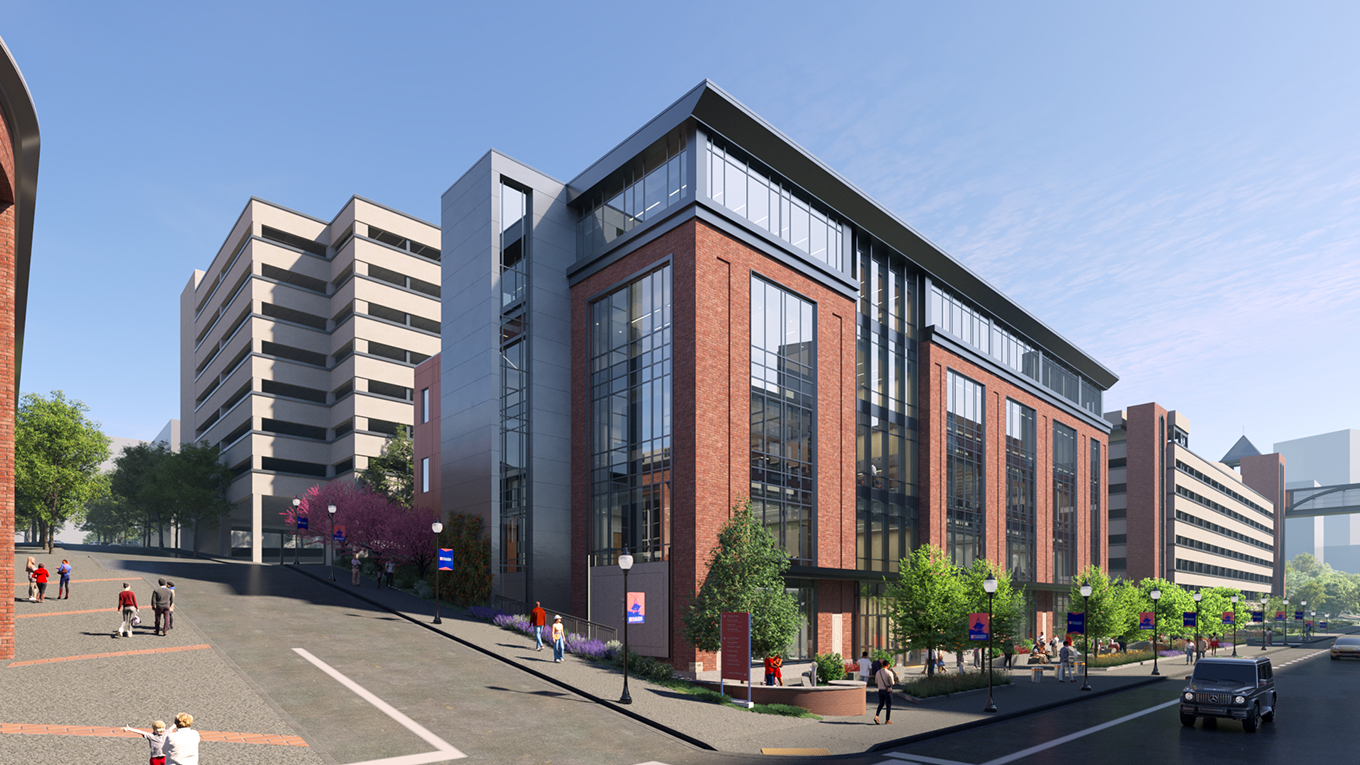 Architectural rendering of new health sciences building on the corner of Forbes and Magee.