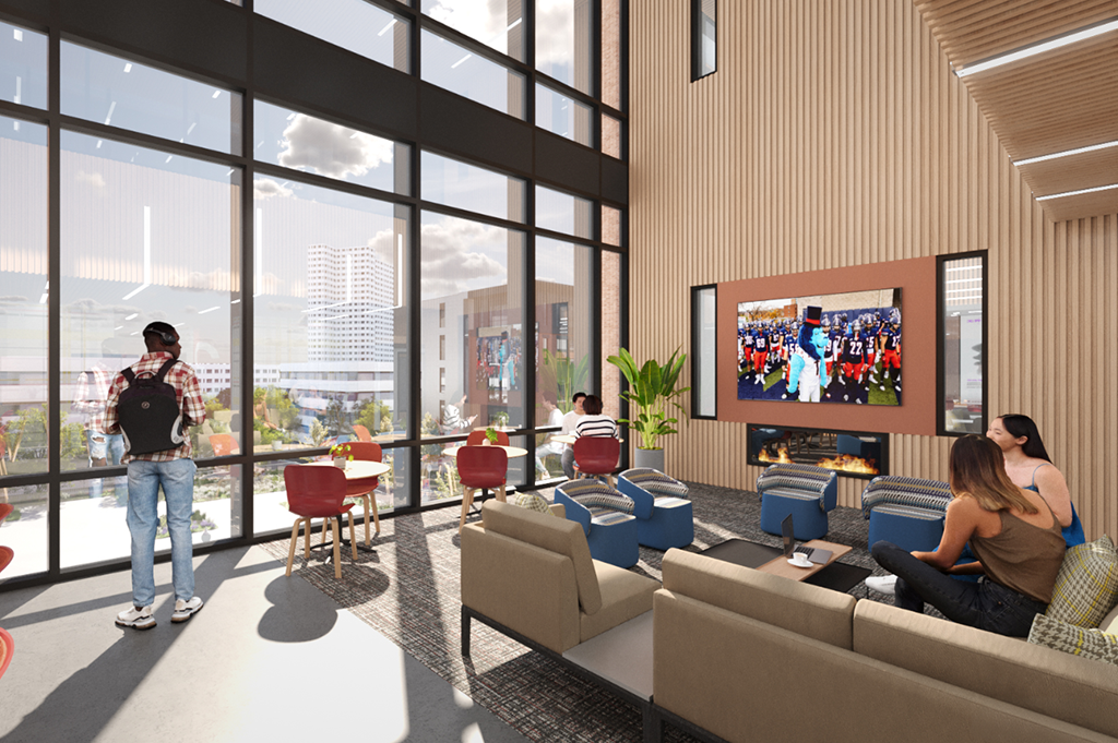 Architectural rendering of student lounge gathering space.