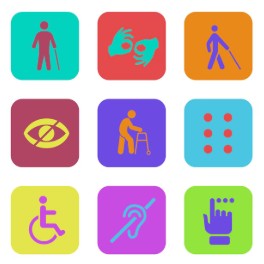 Nine colorful block images reflecting different disabilities or physical limitations