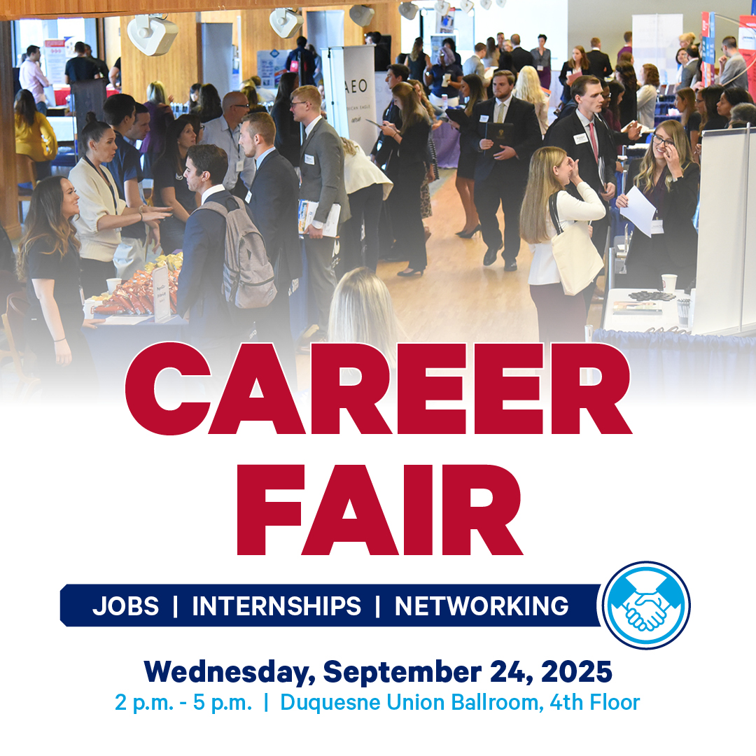 Promotional image of Fall 2025 Career Fair with event information in front of image of several students in the Union Ballroom talking to employers at a past career fair