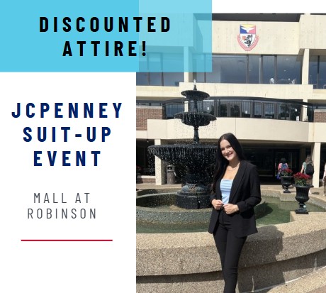 Young woman in professional black suit standing by Duquesne Union fountain with event title and location