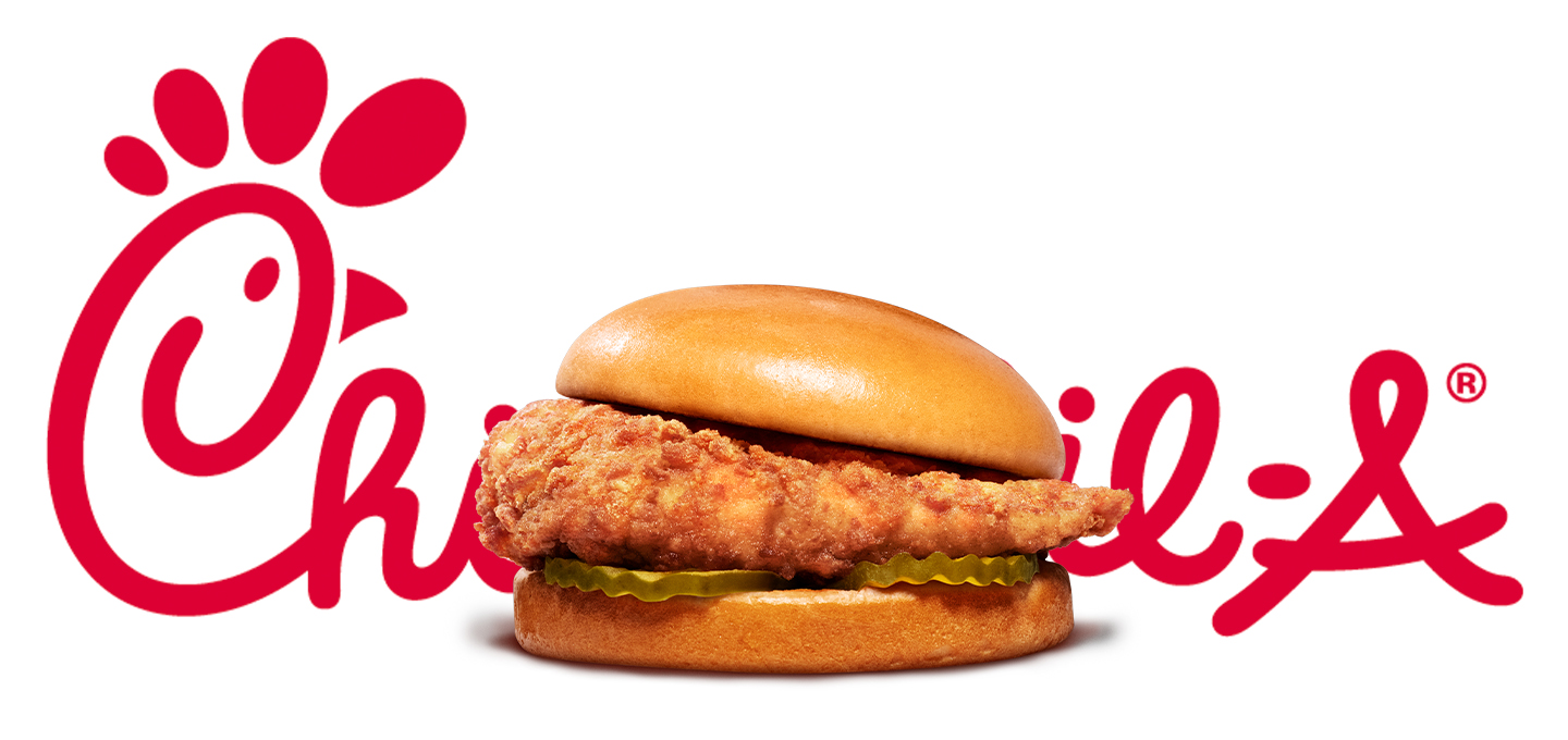 Chicken sandwich with Chick-Fil-A name in the background