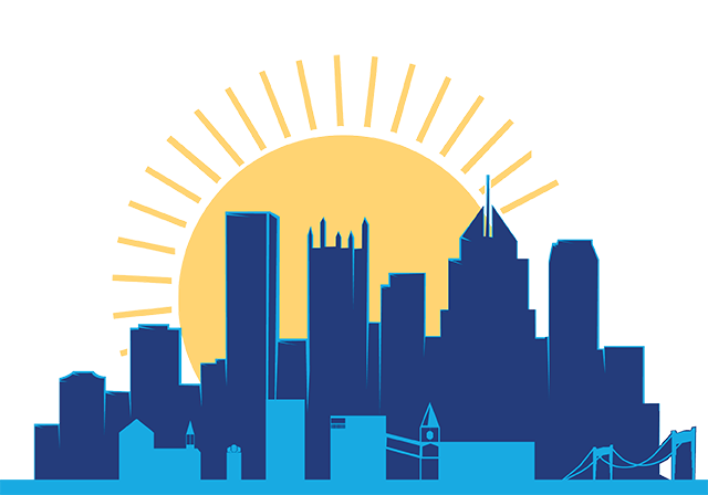 Orientation 2026 graphic showing a sun behind the Duquesne city skyline.