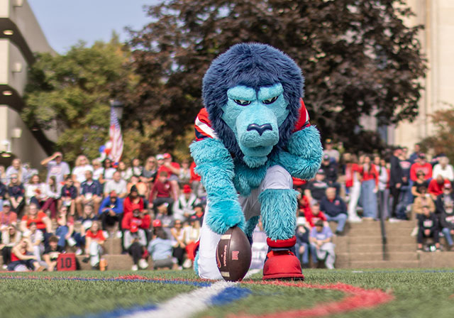 Duquesne lion mascot on Rooney Field