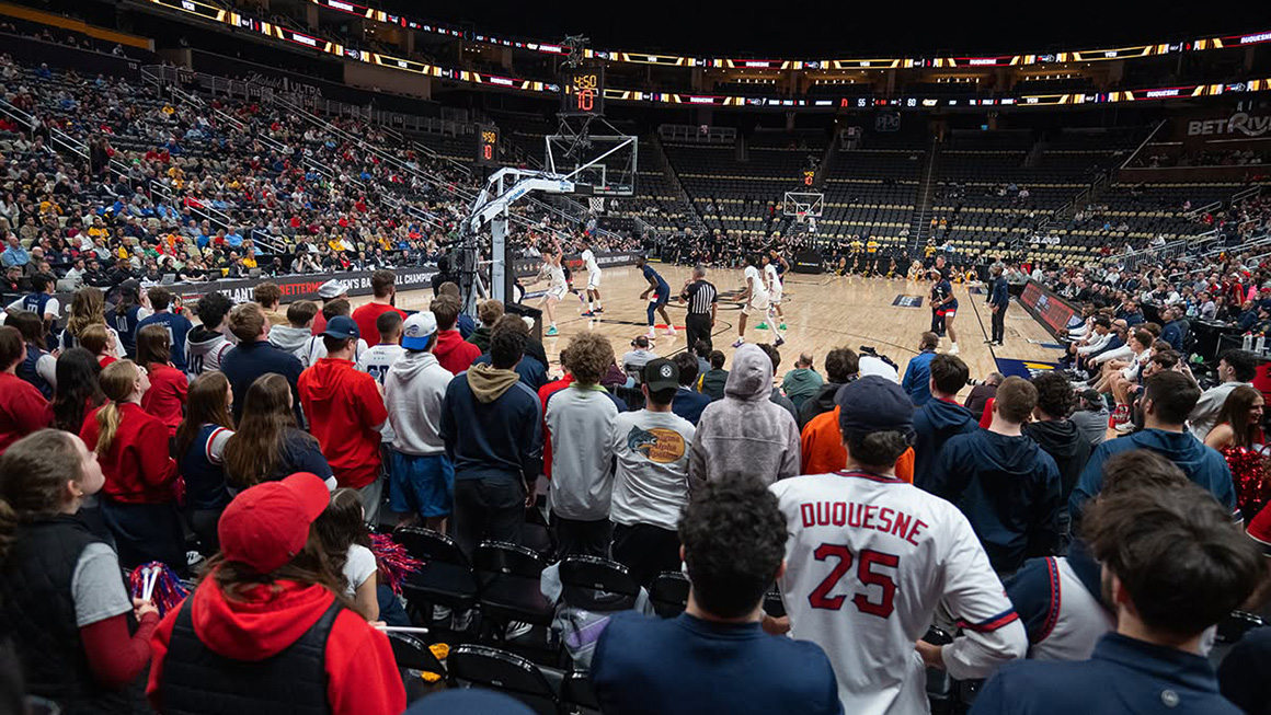Duquesne student crowd at a 2026 NCAA Duquesne Dukes basketball game at PPG Paints Arena