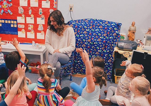 Caterina Veneziano in the classroom with young students at Blessed Trinity Academy.