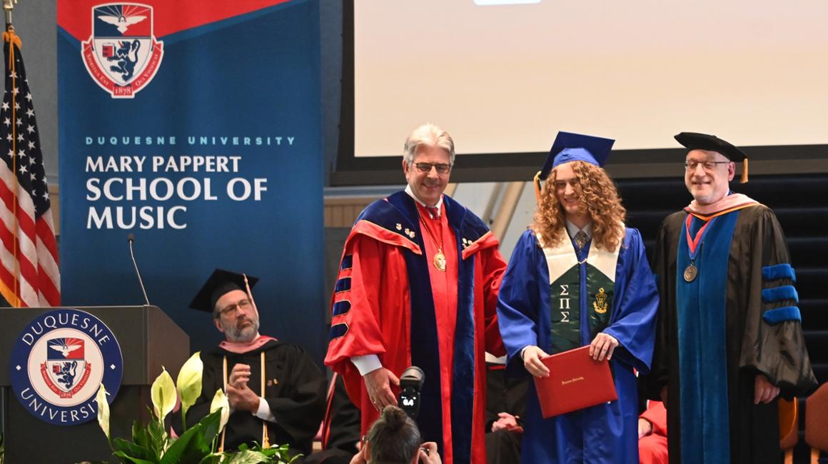 President Gormley, Gabe Pecar and Dean David Allen Wehr at Music Commencement