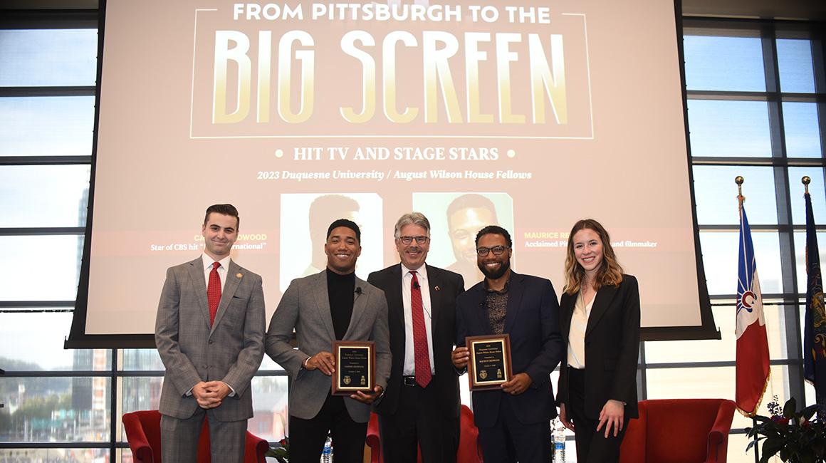 Left to right: Claudio Simione, Carter Redwood, President Ken Gormley, Maurice Redwood and Isabella Niccolai at the 2023 Duquesne University / August Wilson House Fellows event.