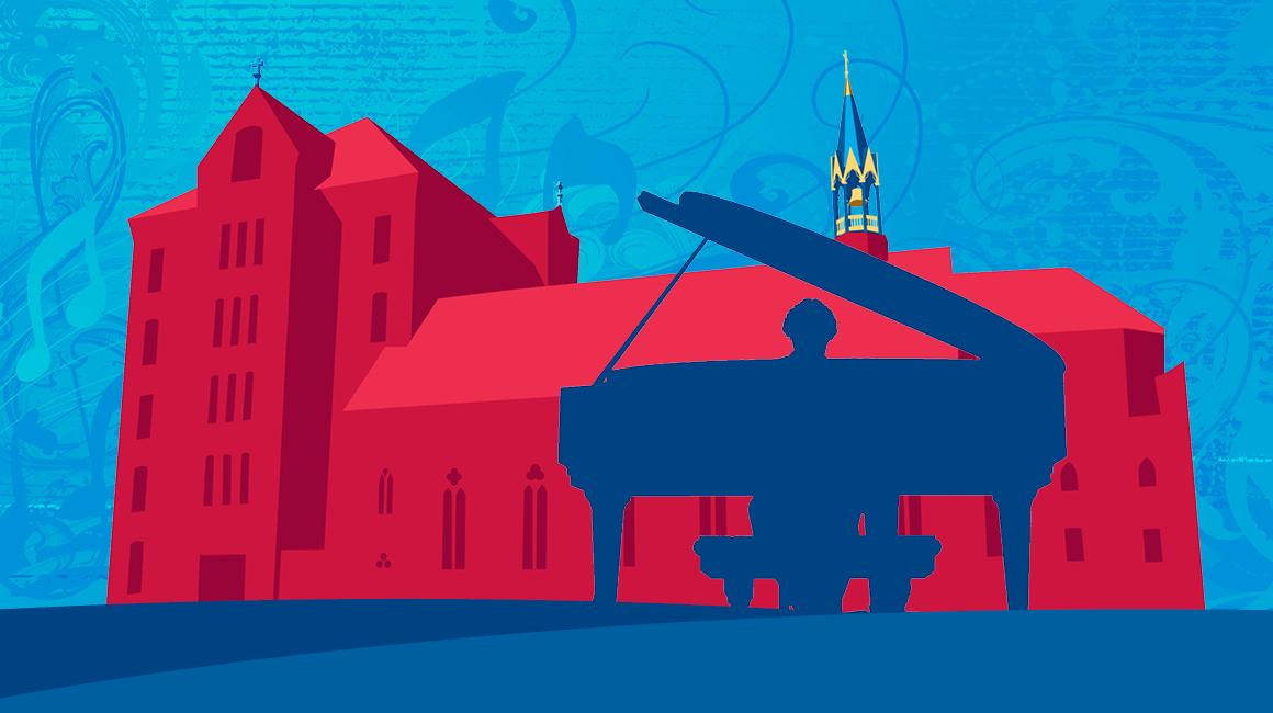 A silhouette of Old Main on Duquesne's campus, with a grand piano before it being played by a person. 