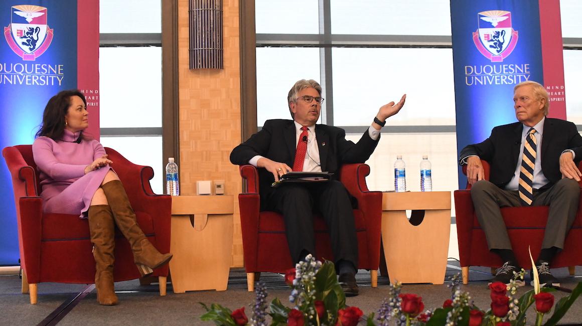 Ken Gormley, Dick Gephardt and Elizabeth Havey on stage at event