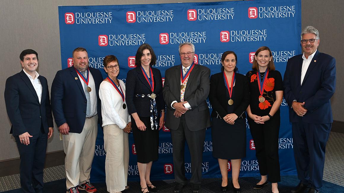 Provost Dr. David Dausey and President Ken Gormley with the 2025 Faculty Awards recipients