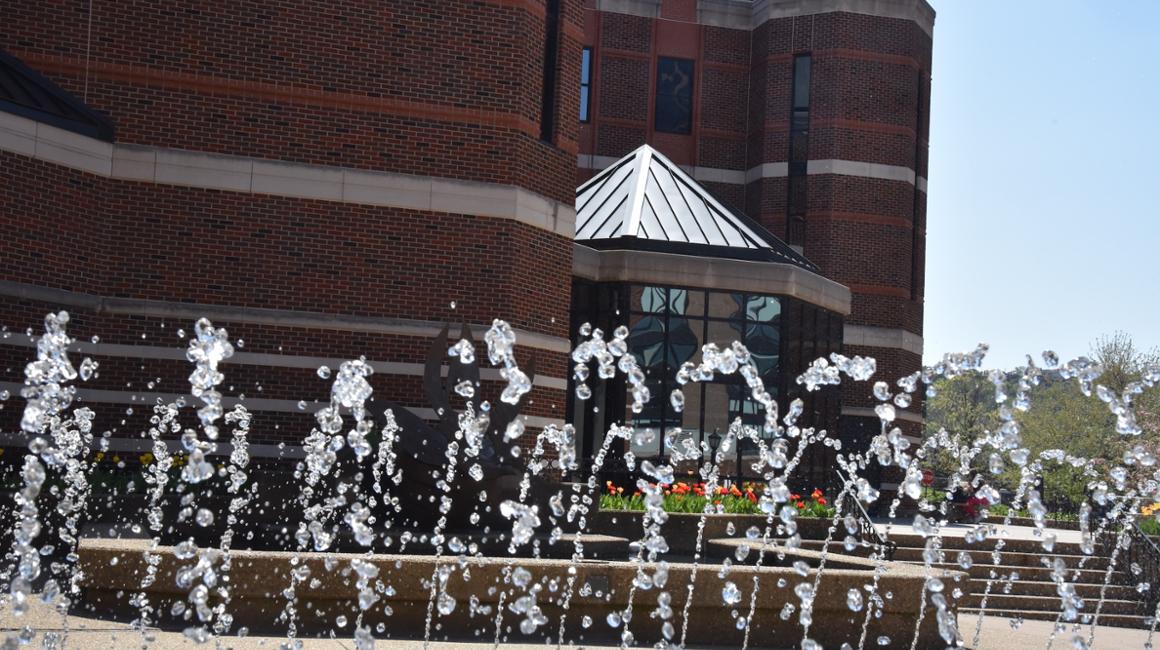Campus fountain and Bayer Hall