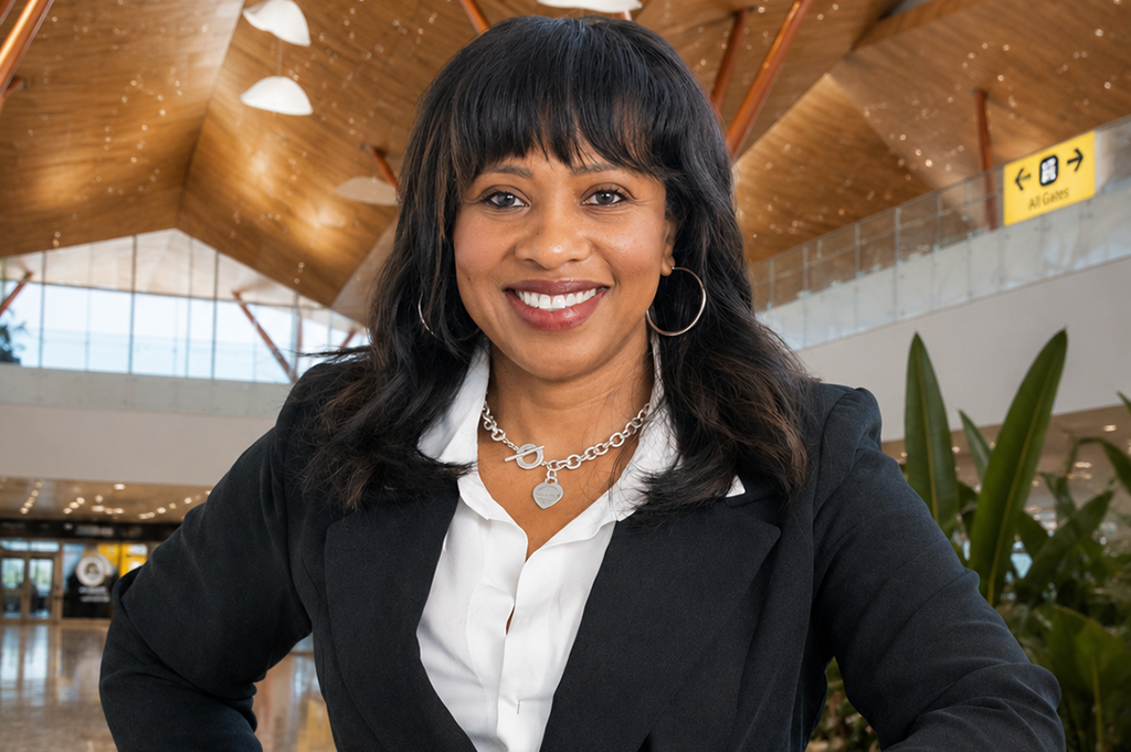 Airport treasurer Tracie McCormick stands in the new terminal at Pittsburgh International Airport