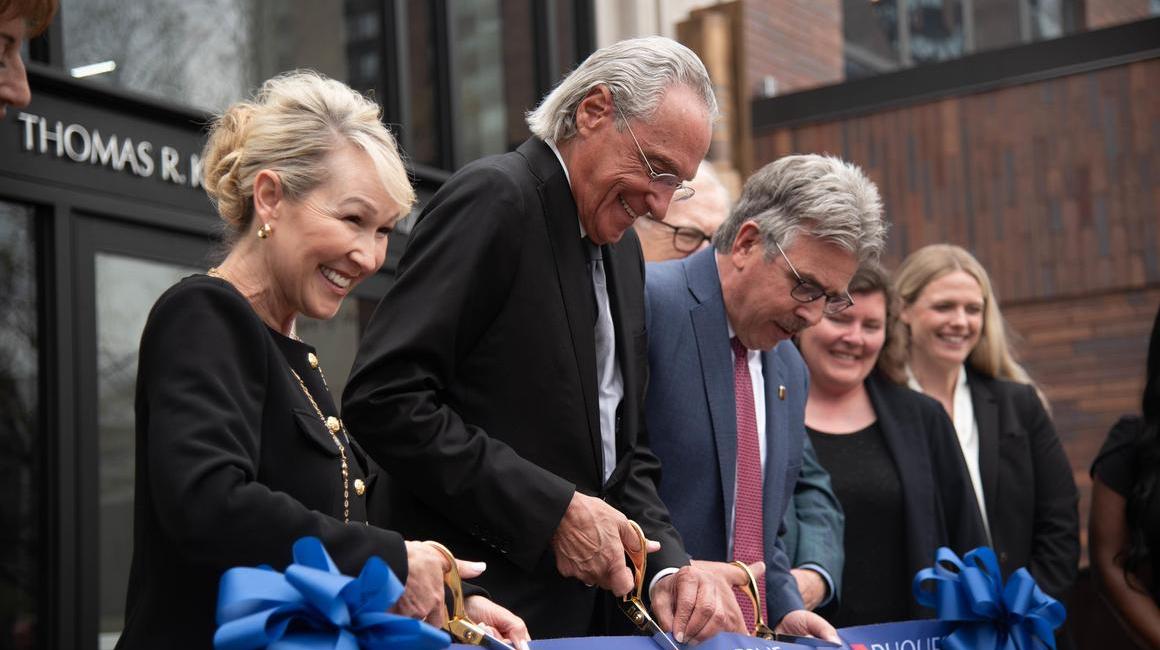 Dean April Barton, Thomas R. Kline and President Ken Gormley cut the ribbon at the Law School's Re-Dedication Ceremony on April 10, 2024.