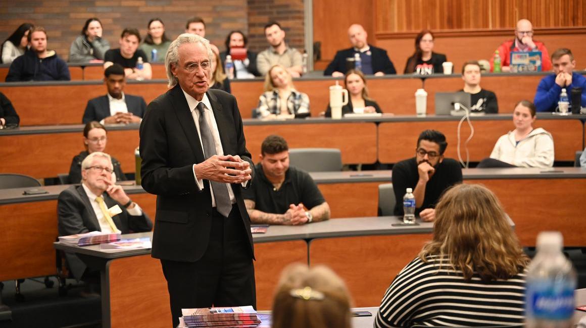 Thomas R. Kline talks to a law class at Duquesne Kline School of Law on April 10.