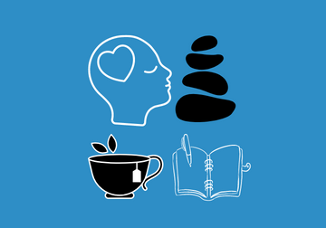 Icons representing balance, mindfulness, rest, and reflection