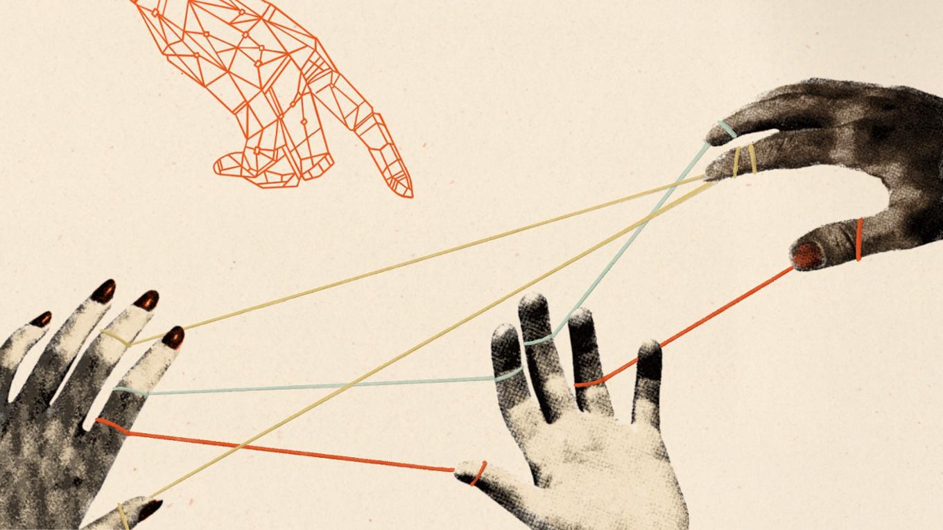 three human hands tethered by a string and one computer generated drawing of a hand points to the string and three human hands