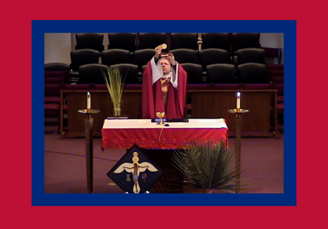 A priest elevates the Eucharist during Mass.